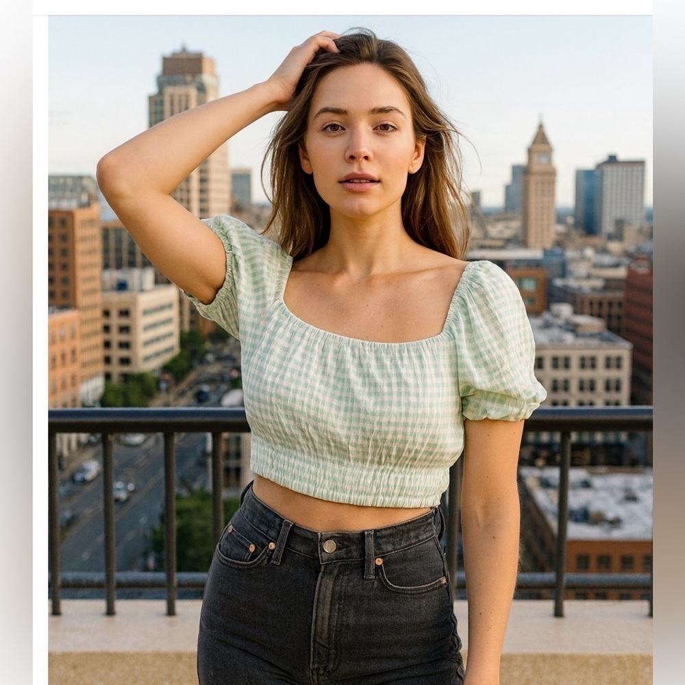 REVOLVE Light Green Gingham Crop Top
